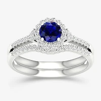 Modern Bride Gemstone Womens 14K Two Tone Gold Round Halo Bridal Set