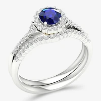 Modern Bride Gemstone Womens 14K Two Tone Gold Round Halo Bridal Set