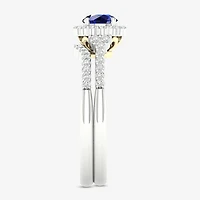 Modern Bride Gemstone Womens 14K Two Tone Gold Round Halo Bridal Set