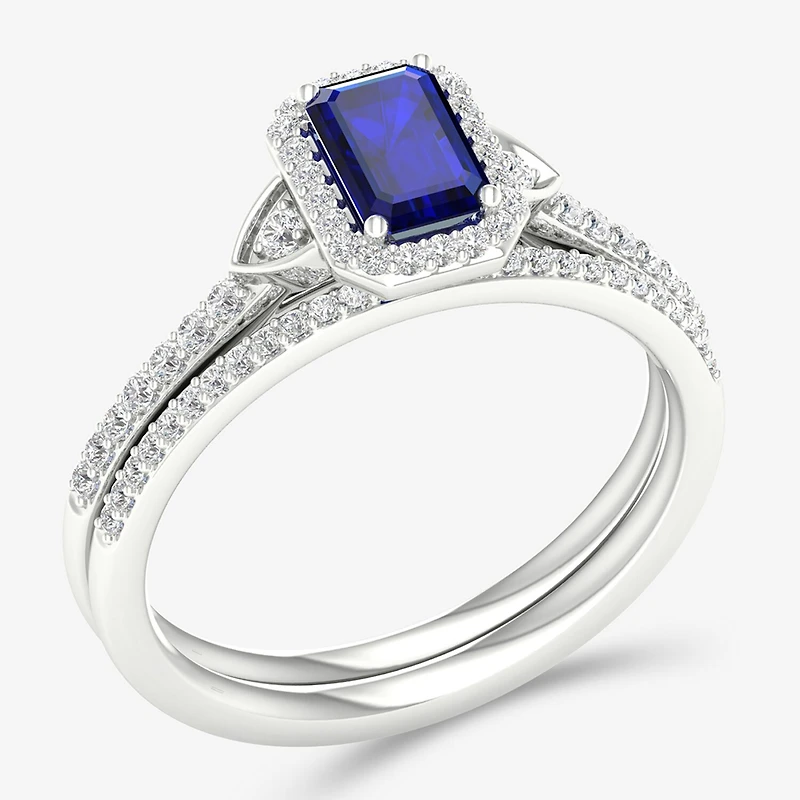 Modern Bride Gemstone Womens 14K White Gold Halo Bridal Set