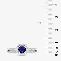 Modern Bride Gemstone Womens 3/ CT. T.W. Genuine Sapphire 10K Gold Round Halo Bridal Set