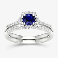 Modern Bride Gemstone Womens 3/ CT. T.W. Genuine Sapphire 10K Gold Round Halo Bridal Set