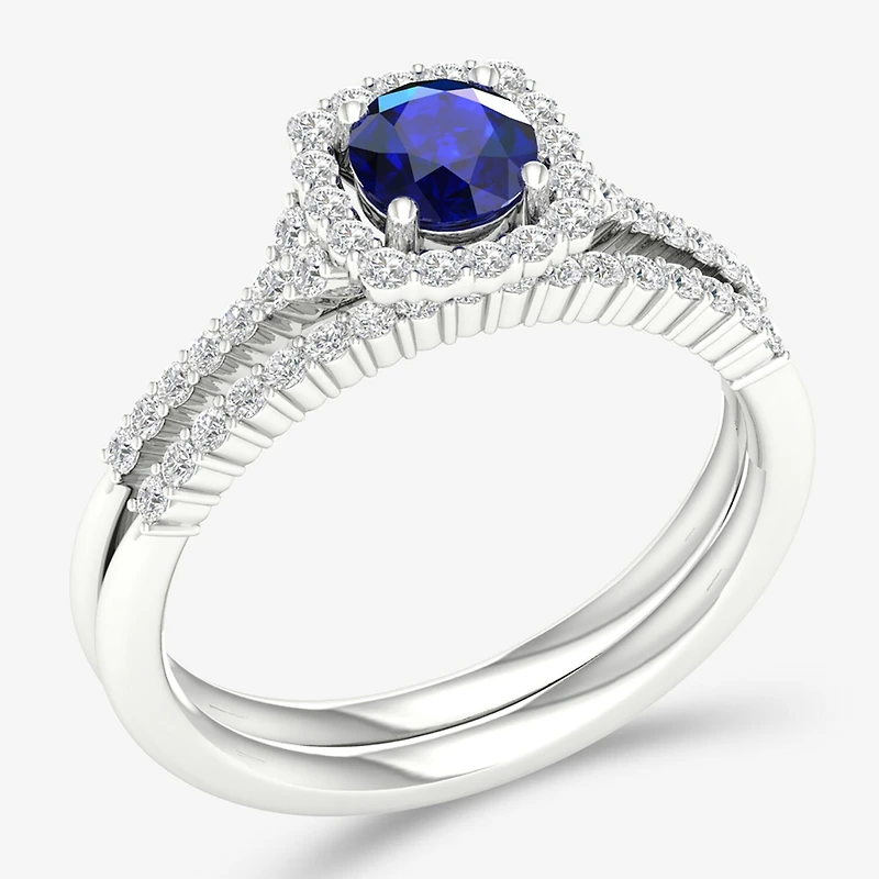 Modern Bride Gemstone Womens 3/ CT. T.W. Genuine Sapphire 10K Gold Round Halo Bridal Set