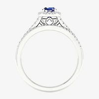 Modern Bride Gemstone and 1/3 CT. T.W. Diamond Halo Bridal Set 10K Gold