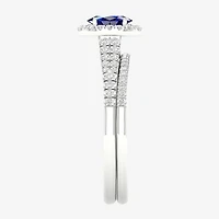 Modern Bride Gemstone and 1/3 CT. T.W. Diamond Halo Bridal Set 10K Gold
