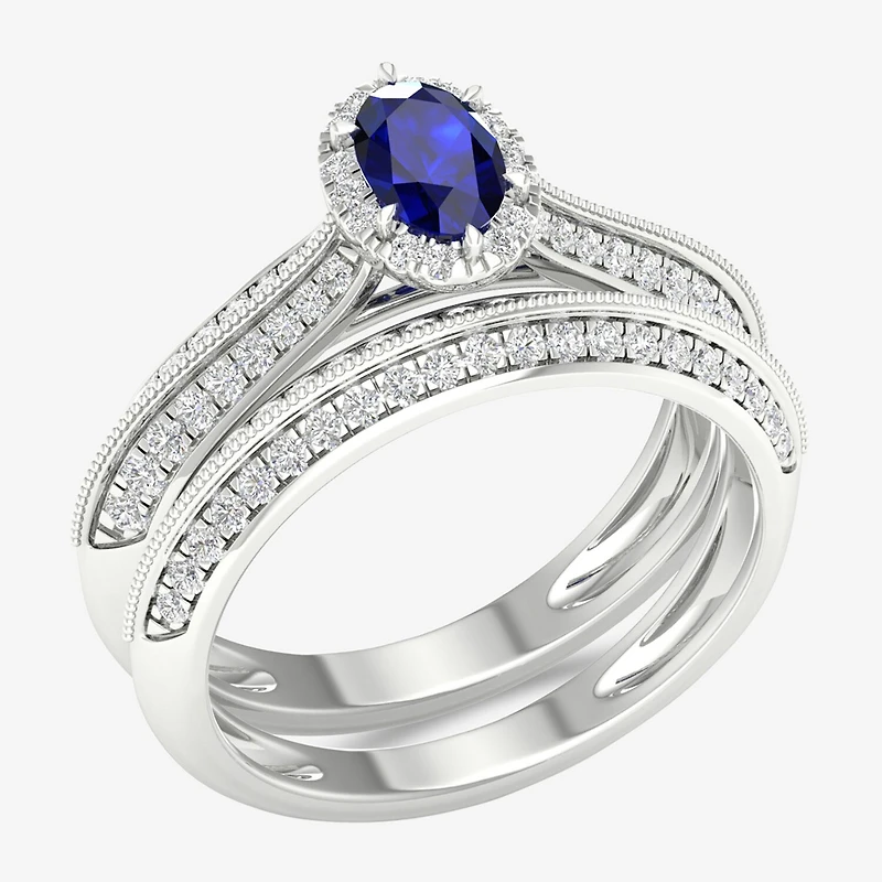 Modern Bride Gemstone and 1/2 CT. T.W. Diamond Oval Halo Bridal Set 10K Gold
