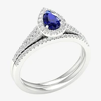 Modern Bride Gemstone Womens 1/3 CT. T.W. Lead Glass-Filled Red Ruby 10K Gold Pear Halo Bridal Set