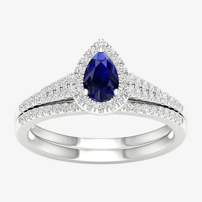 Modern Bride Gemstone Womens14K White Gold Pear Halo Bridal Set
