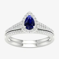 Modern Bride Gemstone Womens14K White Gold Pear Halo Bridal Set