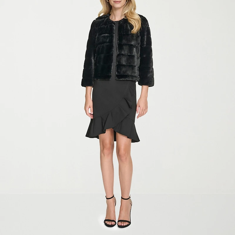 Marc New York Faux Fur Womens Round Neck 3/4 Sleeve Shrug