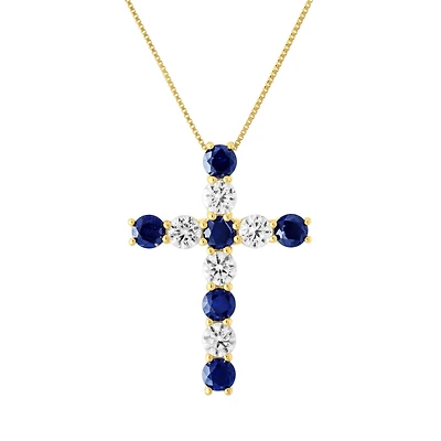 Womens Lab Created Blue Sapphire 10K Gold Cross 18 Inch Pendant Necklace