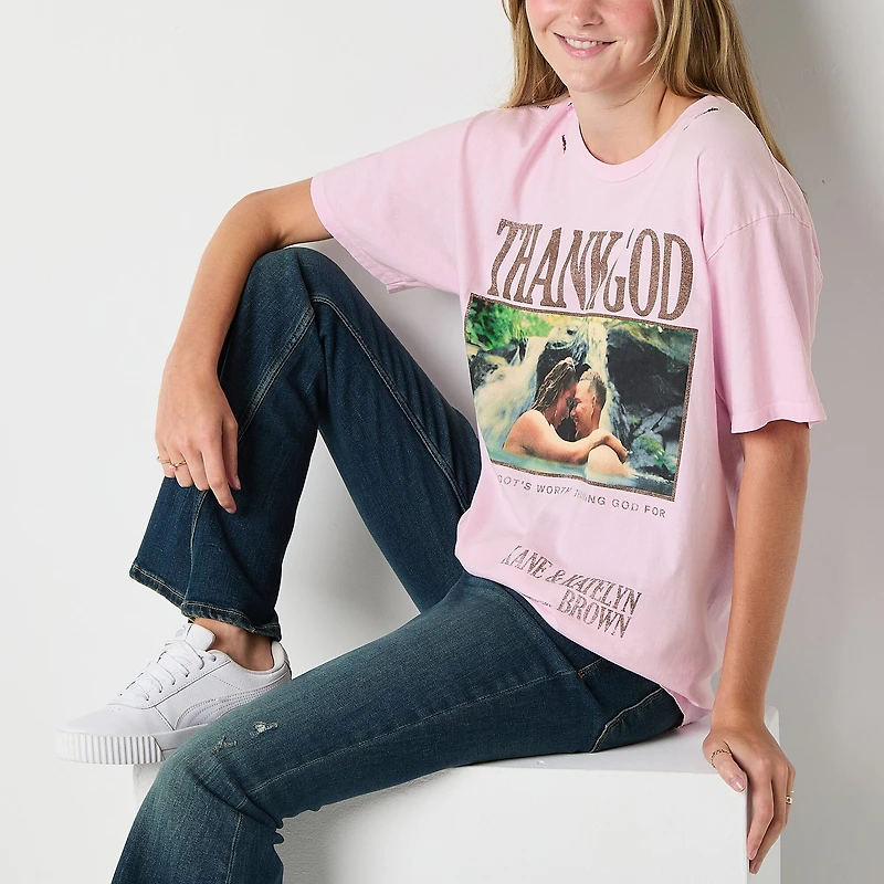 Womens Juniors Round Neck Short Sleeve Oversized Graphic T-Shirt