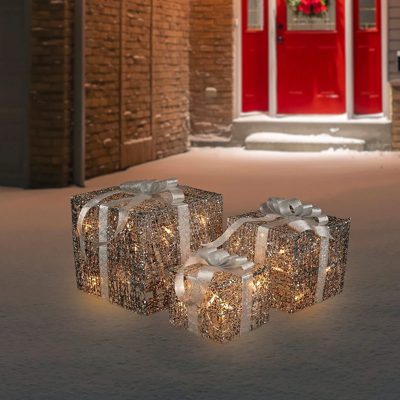 Northlight Set Of 3 Led Lighted Silver Glitter Threaded Gift Boxes Outdoor Decoration Christmas Yard Art