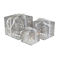 Northlight Set Of 3 Led Lighted Silver Glitter Threaded Gift Boxes Outdoor Decoration Christmas Yard Art