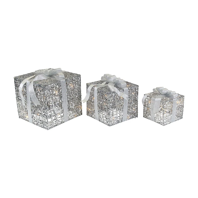 Northlight Set Of 3 Led Lighted Silver Glitter Threaded Gift Boxes Outdoor Decoration Christmas Yard Art