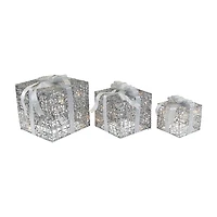 Northlight Set Of 3 Led Lighted Silver Glitter Threaded Gift Boxes Outdoor Decoration Christmas Yard Art