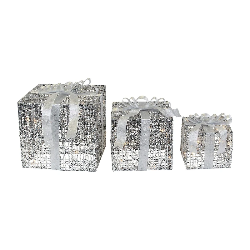 Northlight Set Of 3 Led Lighted Silver Glitter Threaded Gift Boxes Outdoor Decoration Christmas Yard Art