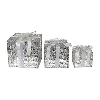 Northlight Set Of 3 Led Lighted Silver Glitter Threaded Gift Boxes Outdoor Decoration Christmas Yard Art
