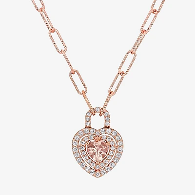 Womens Genuine Pink Morganite 18K Rose Gold Over Silver Heart Paperclip 17 Inch Pendant Necklace
