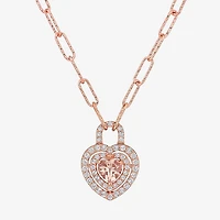 Womens Genuine Pink Morganite 18K Rose Gold Over Silver Heart Paperclip 17 Inch Pendant Necklace