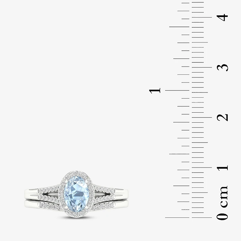 Modern Bride Gemstone Womens 1/5 CT. Genuine Blue Aquamarine 10K Gold Oval Halo Bridal Set