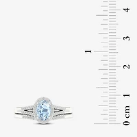 Modern Bride Gemstone Womens 1/5 CT. Genuine Blue Aquamarine 10K Gold Oval Halo Bridal Set