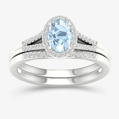 Modern Bride Gemstone Womens 1/5 CT. Genuine Blue Aquamarine 10K Gold Oval Halo Bridal Set