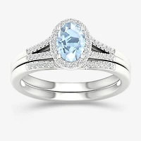 Modern Bride Gemstone Womens 1/5 CT. Genuine Blue Aquamarine 10K Gold Oval Halo Bridal Set