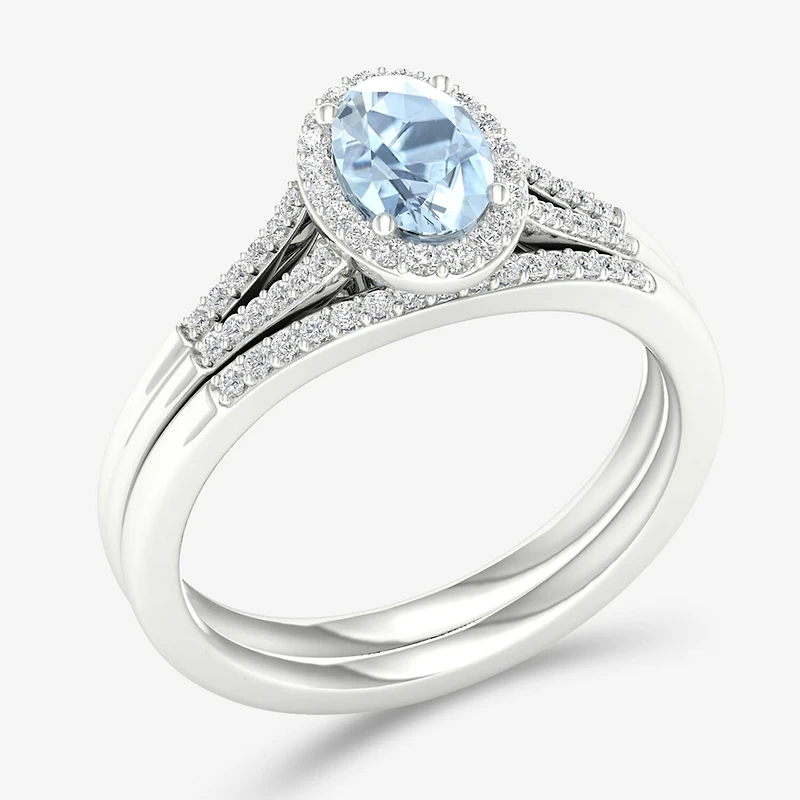 Modern Bride Gemstone Womens 1/5 CT. Genuine Blue Aquamarine 10K Gold Oval Halo Bridal Set