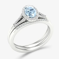 Modern Bride Gemstone Womens 1/5 CT. Genuine Blue Aquamarine 10K Gold Oval Halo Bridal Set