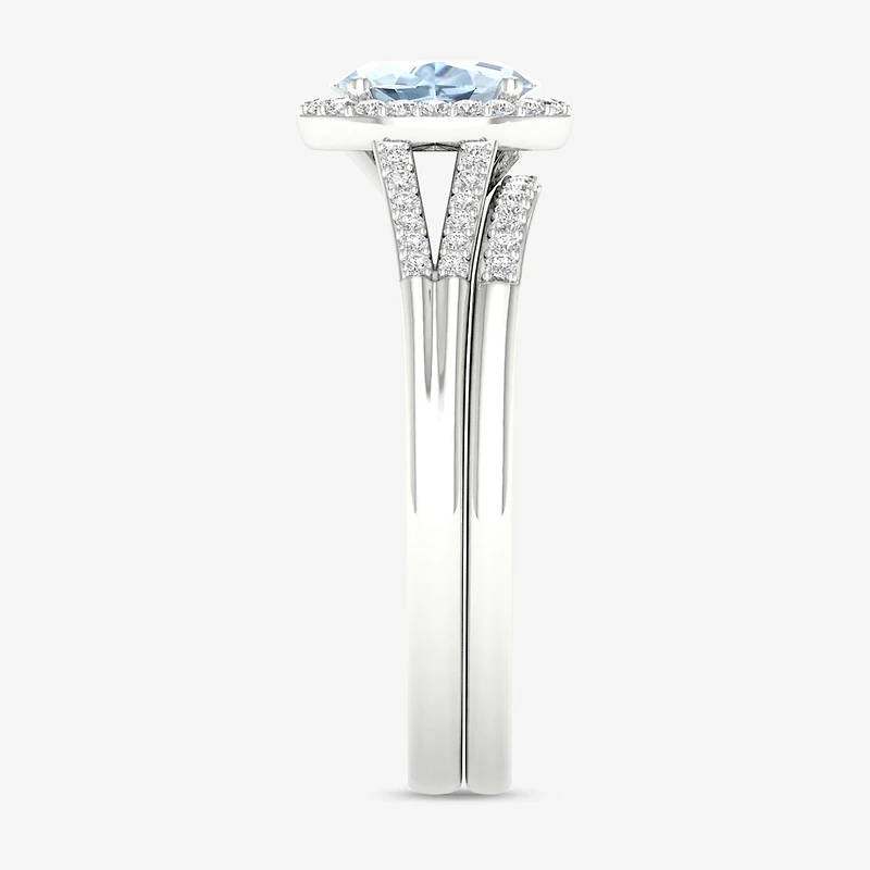 Modern Bride Gemstone Womens 1/5 CT. Genuine Blue Aquamarine 10K Gold Oval Halo Bridal Set