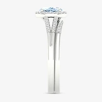 Modern Bride Gemstone Womens 1/5 CT. Genuine Blue Aquamarine 10K Gold Oval Halo Bridal Set