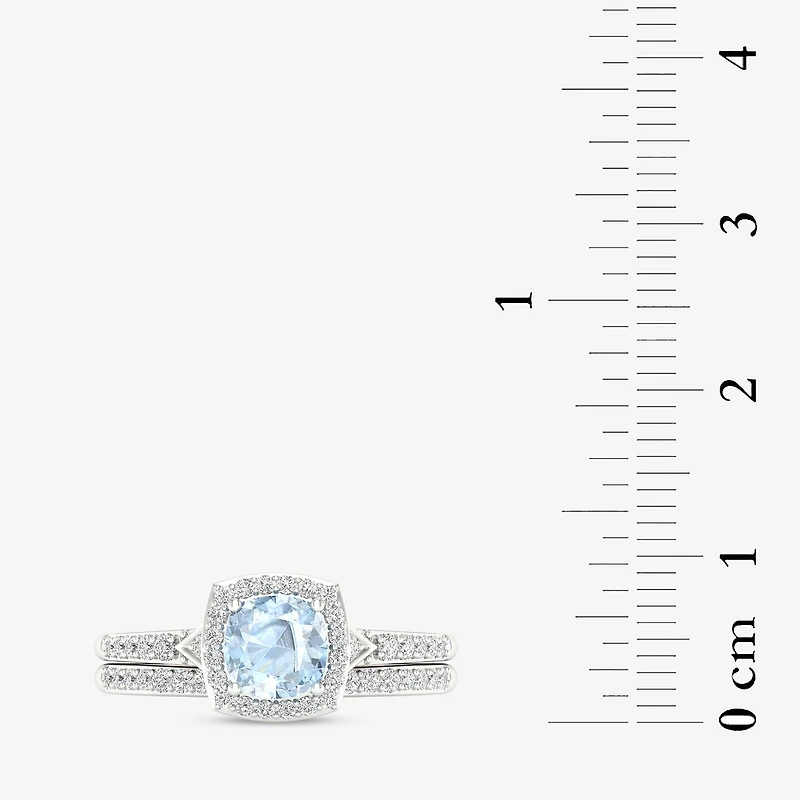 Modern Bride Gemstone Womens 1/3 CT. T.W. Genuine Blue Aquamarine 10K Gold Cushion Halo Bridal Set