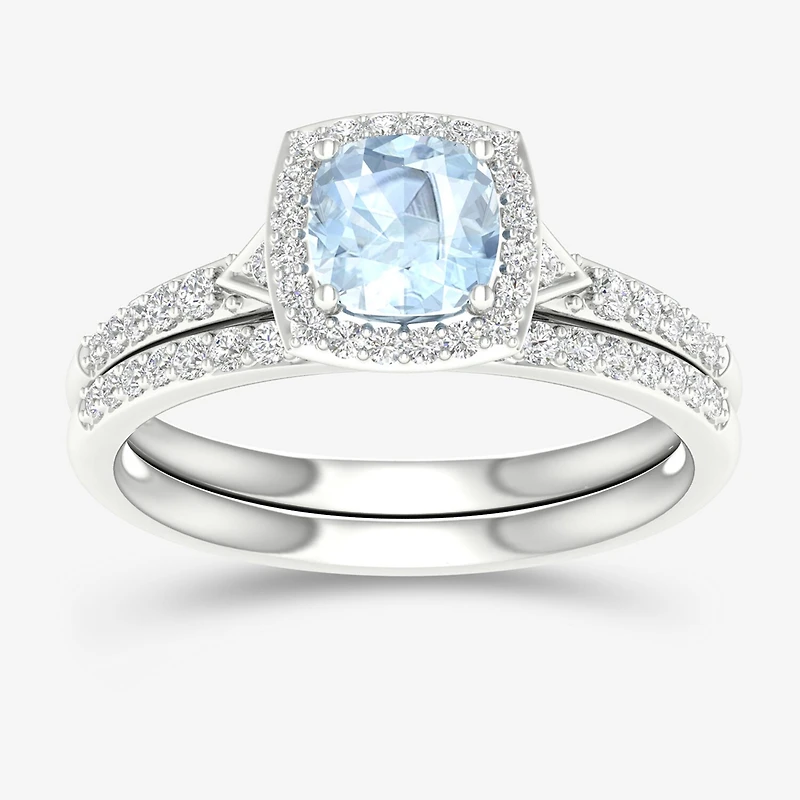 Modern Bride Gemstone Womens 1/3 CT. T.W. Genuine Blue Aquamarine 10K Gold Cushion Halo Bridal Set