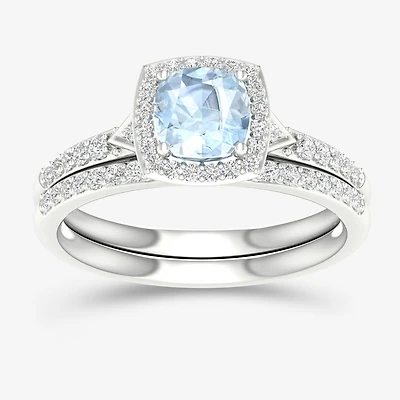 Modern Bride Gemstone Womens 1/3 CT. T.W. Genuine Blue Aquamarine 10K Gold Cushion Halo Bridal Set