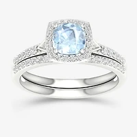 Modern Bride Gemstone Womens 1/3 CT. T.W. Genuine Blue Aquamarine 10K Gold Cushion Halo Bridal Set