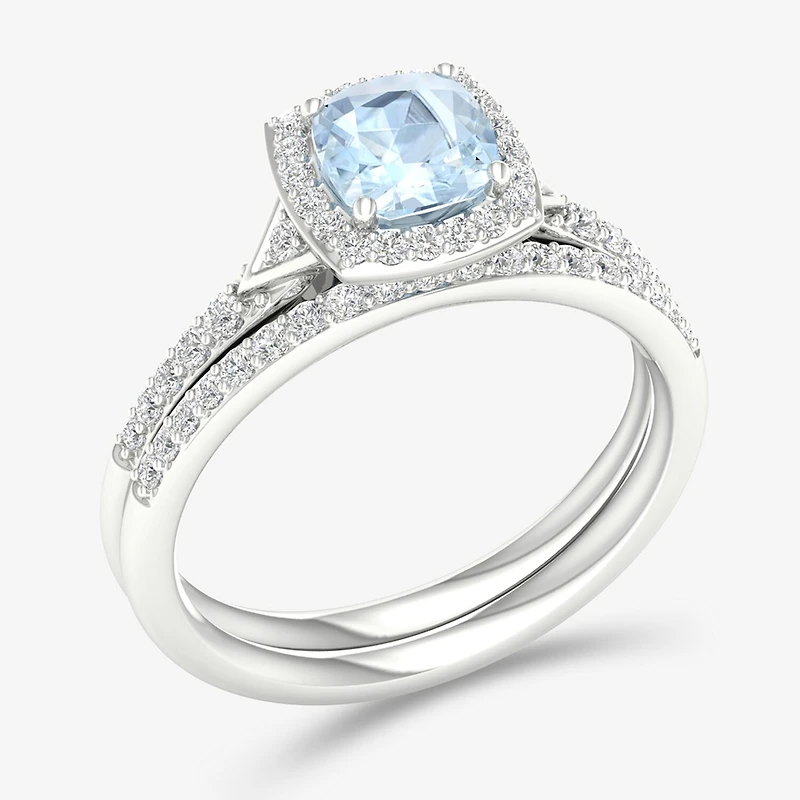 Modern Bride Gemstone Womens 1/3 CT. T.W. Genuine Blue Aquamarine 10K Gold Cushion Halo Bridal Set
