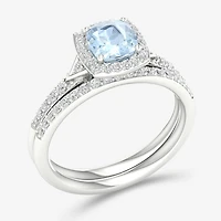 Modern Bride Gemstone Womens 1/3 CT. T.W. Genuine Blue Aquamarine 10K Gold Cushion Halo Bridal Set