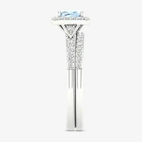Modern Bride Gemstone Womens 1/3 CT. T.W. Genuine Blue Aquamarine 10K Gold Cushion Halo Bridal Set