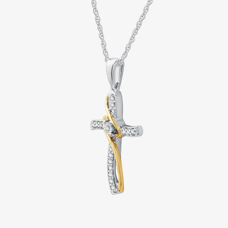 Womens 1/10 CT. T.W. Lab Grown White Diamond 10K Two Tone Gold Cross 18 Inch Pendant Necklace
