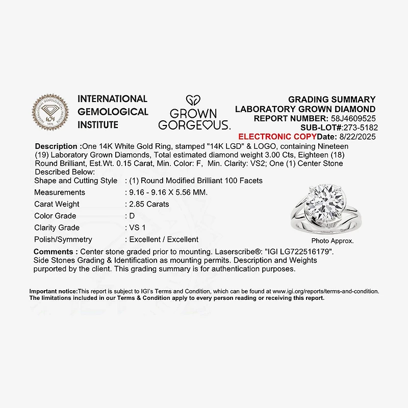 Grown Gorgeous F, Vs2 Womens 3 CT. T.W. Lab White Diamond 14K Gold or Platinum Round Engagement Ring