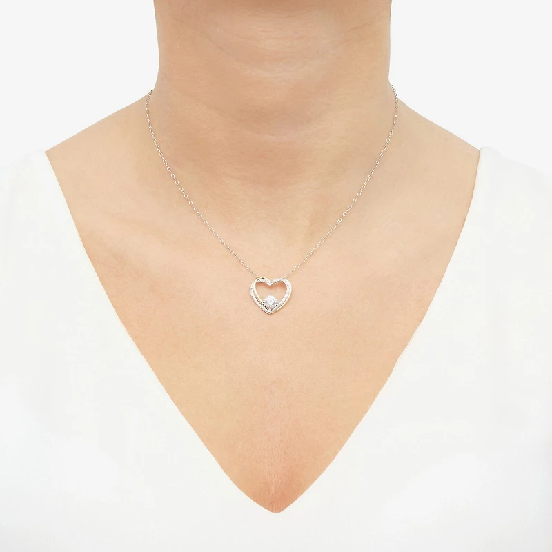 Womens Lab Created White Cubic Zirconia Sterling Silver Heart 18 Inch Pendant Necklace