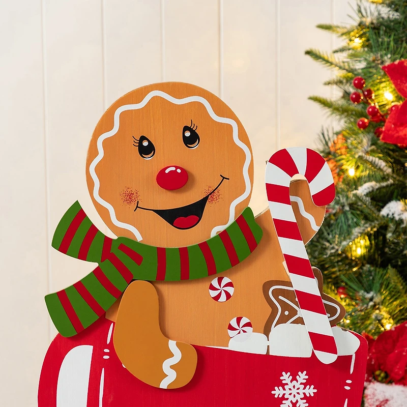 Glitzhome 35"H Wooden Christmas Gingerbread Man On Coffee Cup Christmas Porch Sign
