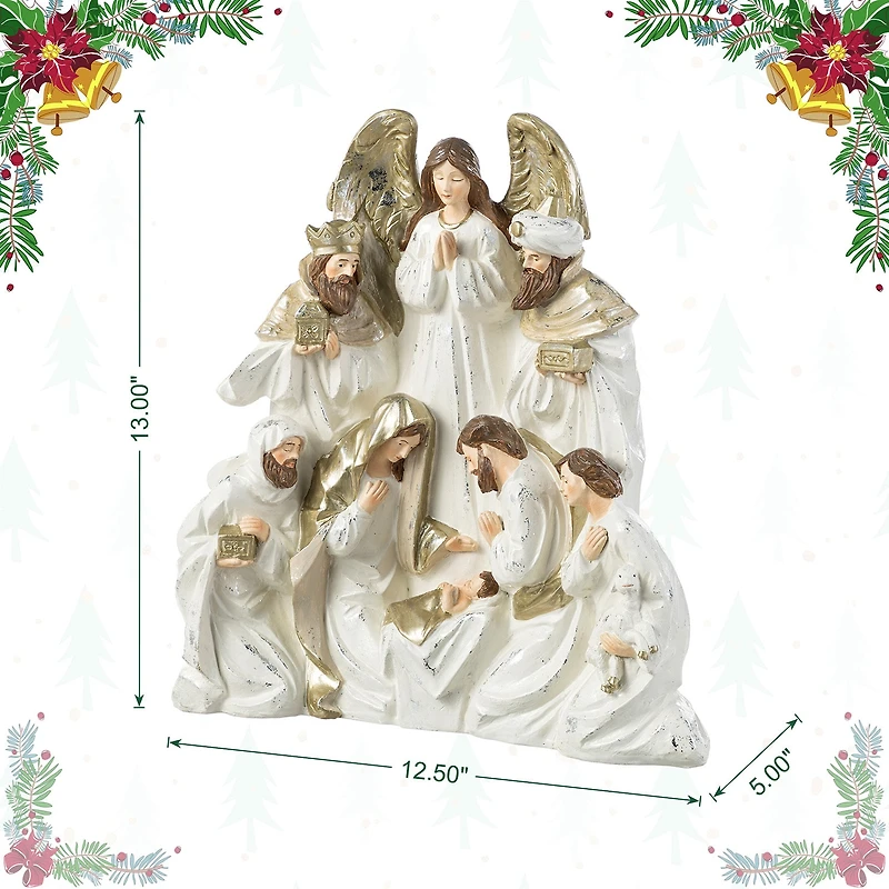 Glitzhome 13"H Ivory/Gold Resin Nativity Figurine Nativity Set