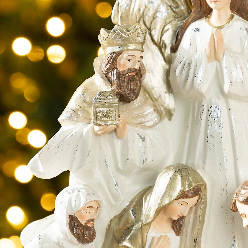 Glitzhome 13"H Ivory/Gold Resin Nativity Figurine Nativity Set