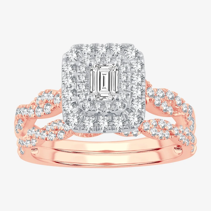 Signature By Modern Bride 1 CT.T.W. Natural Diamond Side Stone Halo Bridal Set 10K or 14K Gold