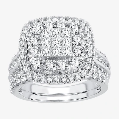 Womens 2 CT.T.W. Natural Diamond 10K or 14K White Gold Cushion Halo Bridal Set
