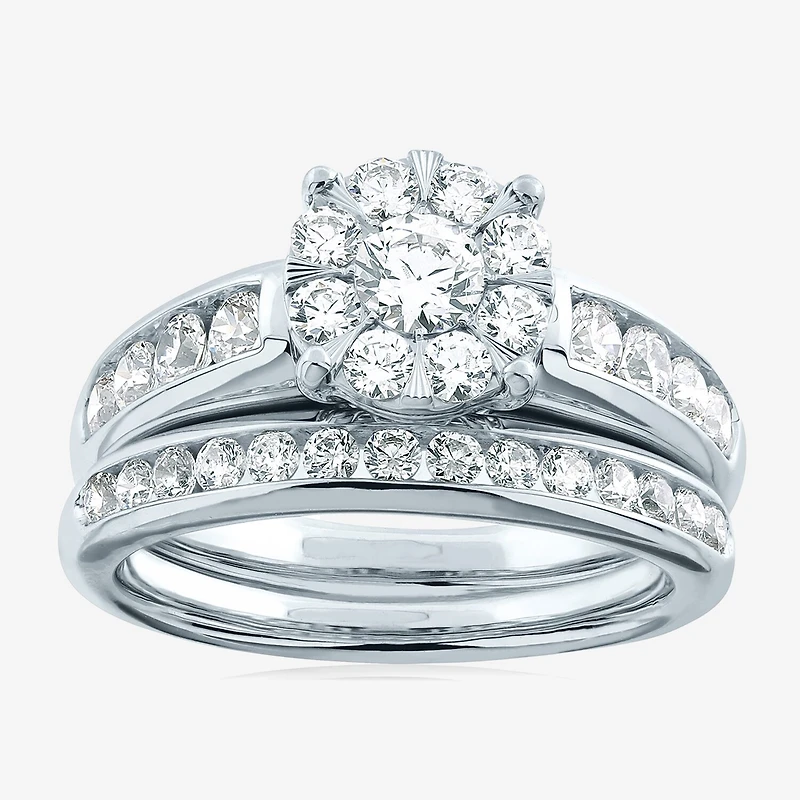 Womens 1 1/2 CT. T.W. Natural White Diamond 10K Gold Round Side Stone Halo Bridal Set