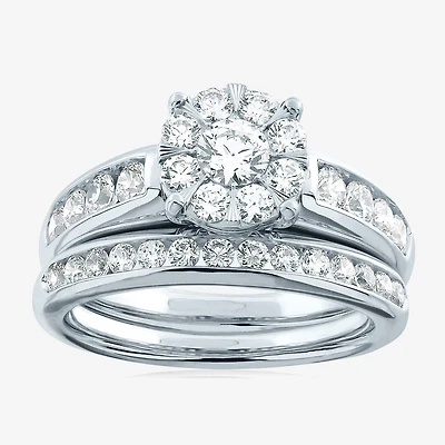 Womens 1 1/2 CT. T.W. Natural White Diamond 10K Gold Round Side Stone Halo Bridal Set