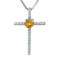 Genuine Citrine and Diamond-Accent Sterling Silver Cross and Heart Pendant Necklace